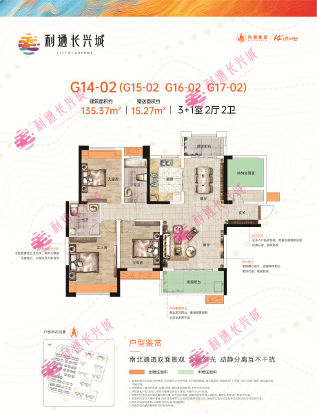 利通长兴城户型为123平-300平,规划户数2069户,绿化率