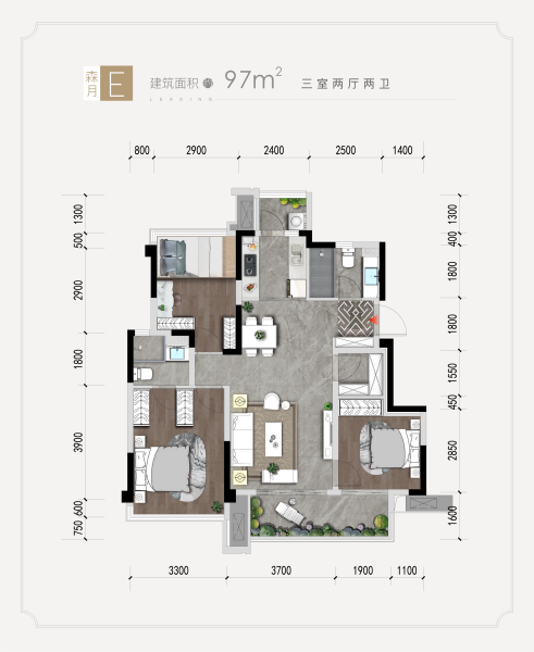 领地城三室两厅两卫 ,97平 ,3室2厅,97平米户型图-领地城户型-广元